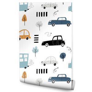 Papel de parede veículos árvores quarto crianças decoração moderna