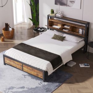 Cama de casal 140x200cm com arrumação estrado metal madeira cor natural