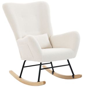 Poltrona baloiço 67x82x100 cm veludo teddy, madeira de borracha color beige