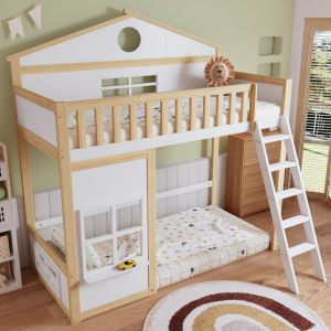 Beliche casinha 90x200cm com escada e proteção madeira – branco natural