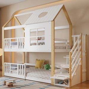 Beliche casinha 90x200cm com arrumação em escada madeira – branco natural