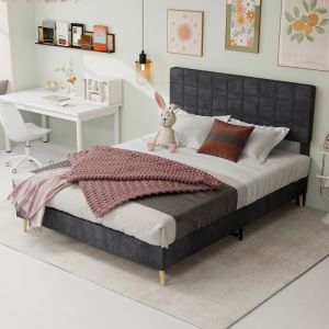 Cama estofada 140x200cm com cabeceira xadrez veludo – cinzento