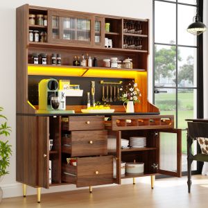 Armário alto de cozinha com LED e garrafeira em vidro e mdf nogueira