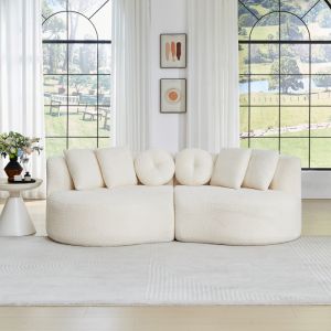 Sofá modular em chenille bege 2 módulos com 6 almofadas