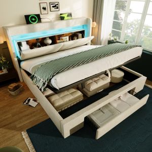 Cama estofada 140x200cm com arrumação hidráulica e luz LED linho – bege