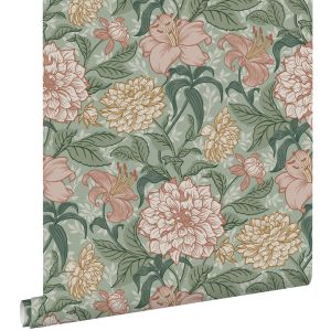 Estahome papel de parede flores vintage verdeerosa antigo 53 cm x 10.05 m