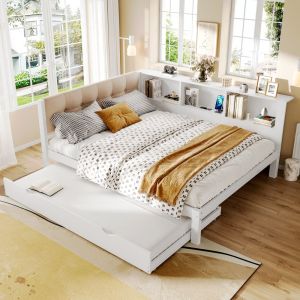 Cama de madeira 140x200cm com cama auxiliar, prateleira, usb e LED – branco