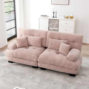 Sofá modular em chenille rosa com almofadas e assento profundo