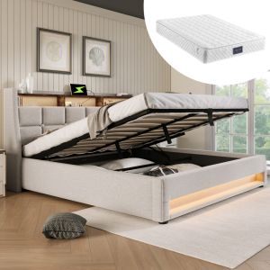 Cama estofada 140x200 cm com LED e usb linho – bege claro com colchão