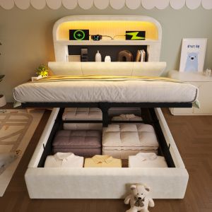 Cama estofada 90x200cm com arrumação e LED veludo – bege