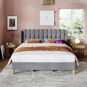 Cama casal estofada 180x200 cm com usb, cabeceira painel, linho, cinza