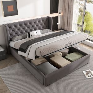 Cama estofada 140x200cm com arrumação veludo – cinzento