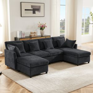 Sofá modular em l ou u chenille cinzento 4-6 lugares 2 pufes 6 almofadas