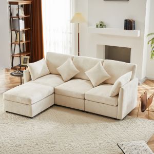 Sofá de canto modular em chenille bege 3 a 4 lugares com pufe e 4 almofadas