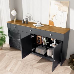 Aparador para sala e jantar 4 portas 3 gavetas preto cinza 75x160x37cm