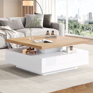 Mesa de centro giratoria 360 con cajón blanco y nogal 36x70x70cm