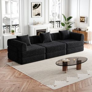 Sofá-cama individual em chenille preto com arrumação na braçadeira