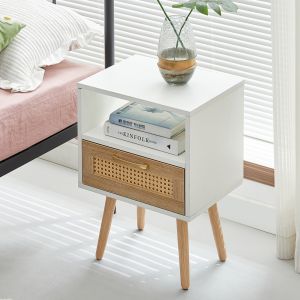 Mesa de cabeceira rattan com gaveta branco e natural 55x40x30cm