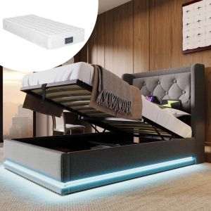 Cama solteiro 90x200 cm, LED 3 lados, cabeceira acolchoada, bege