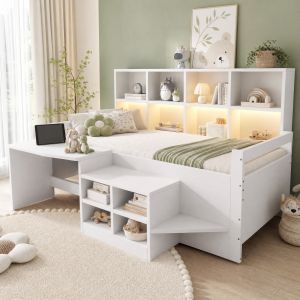 Cama multifuncional 90x200cm madeira com arrumação e secretária branco