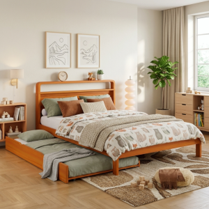 Cama de madeira 140x200cm com cama auxiliar 90x190cm natural