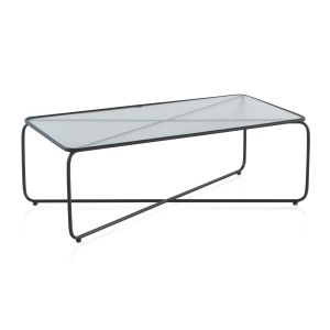 Mesa de centro de metal com tampo de vidro, 110x56x38cm