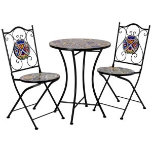 Mesa e 2 cadeiras, metal multicolorido, 60x60x75h cm, 38x46x90h cm