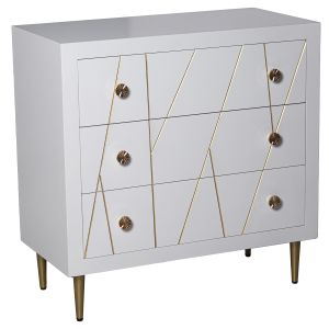 Cômoda de madeira branca com 3 gavetas e pés de metal dourado.