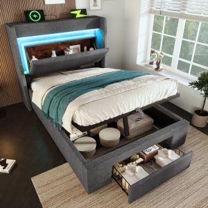 Cama estofada 90x200cm com arrumação, LED e usb linho cinzento