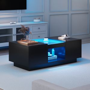 Mesa de centro com luz LED e 2 gavetas preta 35,5x100x50cm