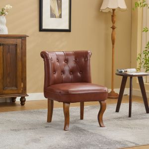 Cadeira de jantar em pele castanha com pernas em madeira e design elegante