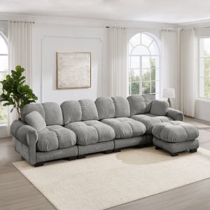 Sofá de canto modular em l chenille cinzento claro 4 lugares com otomana