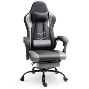 Silla ergonómica giratoria negra con reposapiés y cojines