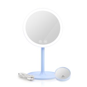 Emke espelho de maquiagem azul claro, LED regulável, 1x/3x, toque