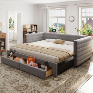 Cama estofada 90x190cm extensível com arrumação aLGodão e linho cinzento