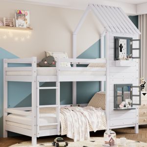 Beliche casinha 90x200cm com janelas e escada madeira – branco cinzento