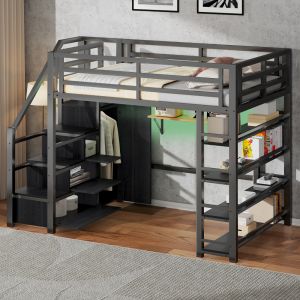 Cama alta 140x200cm com arrumação, roupeiro e LED metal – preta