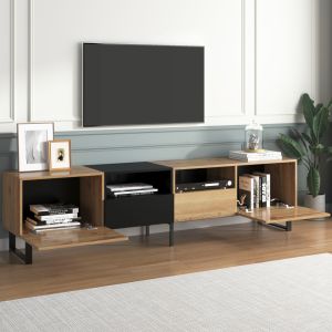 Móvel de tv preto e madeira com 2 portas e 2 gavetas 48x190x38cm