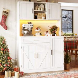 Armário aparador de cozinha com LED e tomadas branco 110x38x180 cm