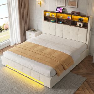 Cama estofada 160x200cm com arrumação LED e usb-c veludo – bege