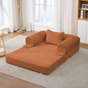 Sofá modular estofado castanho 3 lugares em bombazina canelada