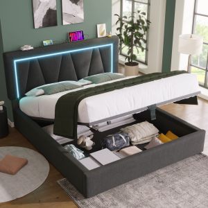 Cama estofada 160x200cm com LED usb e arrumação linho cinzento