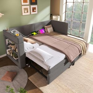 Cama 90x200cm linho e aLGodão com somier e usb cinza