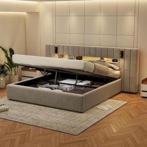 Sofa cama 180x200cm com arrumacao e luz LED cinza