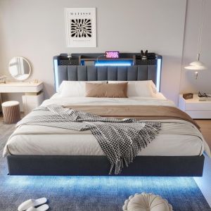 Cama casal estofada com LED usb e arrumação 160x200cm cinza