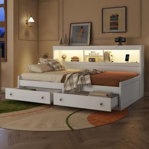Cama divã 90x200cm com LED, 2 usb, 2 tomadas e 2 gavetas, branca
