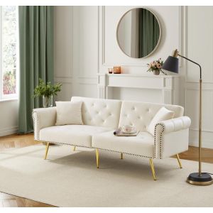 Sofá-cama 2 lugares em veludo bege com encosto reclinável e pés dourados