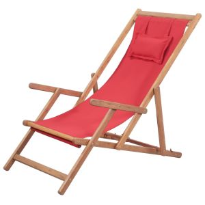 vidaXL silla de playa plegable de tela y estructura de madera roja