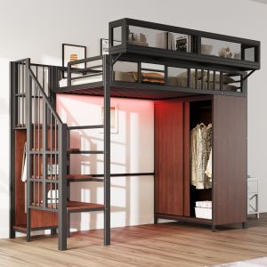 Cama mezanino 90x200cm com roupeiro LED e escada metal madeira cor preto