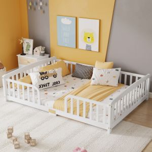 Cama de chão 140x200cm grades acesso central madeira pinheiro branco